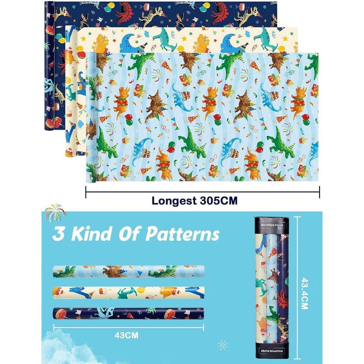 GESCHENKPAPIER 3 Rollen Set Dinosaurier Motiv 43 cm x 3 m - Multicolor, Papier (43/43/43cm)