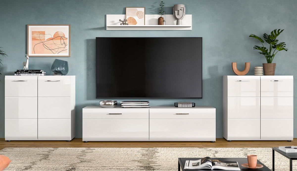 WOHNWAND weiß Hochglanz 4-teilig 350 cm, Schrankwand mit viel Stauraum - Weiß Hochglanz/Silberfarben, Glas/Holzwerkstoff (350/160/41cm) - Inn.Furn