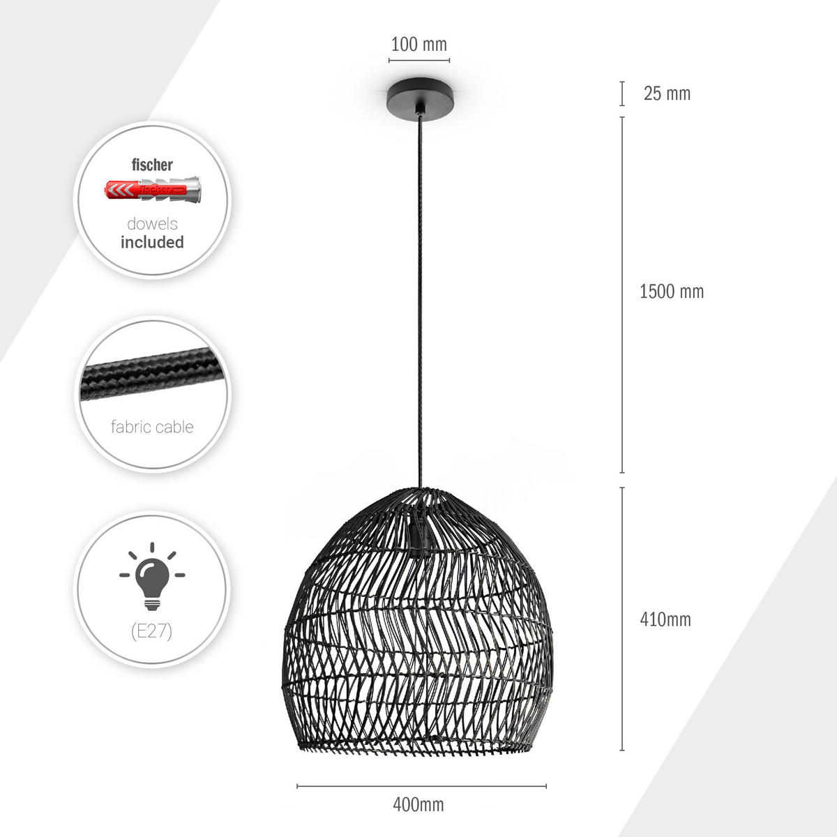 PENDELLEUCHTE Orna - Schwarz, Metall (40/40/41cm) - Paco Home