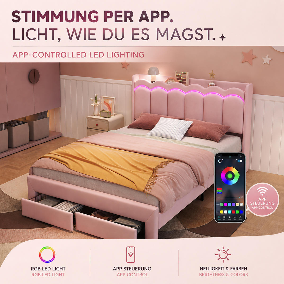 KINDER-POLSTERBETT aus Samt 140x200 cm Rosa mit Schubladen, Ablagefläche und App-LED-Beleuchtung - Pink, Textil (140/200cm) - Modfu