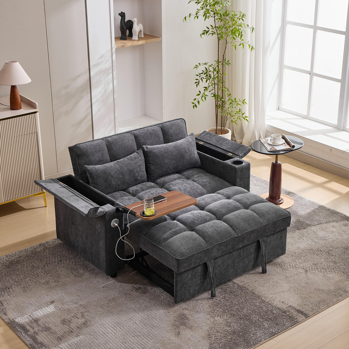 SCHLAFSOFA 3-in-1, Grau, 2-Sitzer, USB, Getränkehalter - Grau, Textil (74/82/140.5cm)