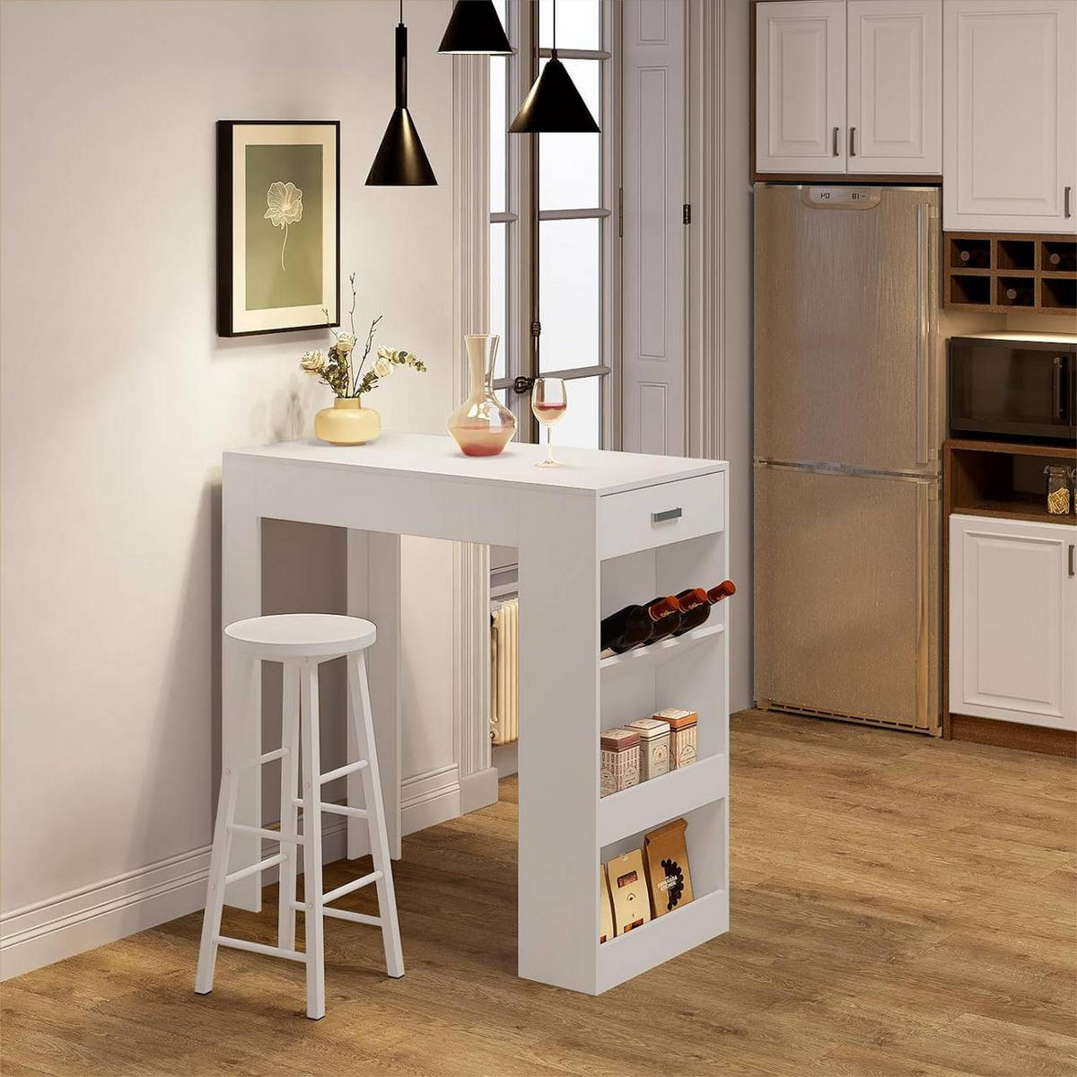 BARTISCH mit 1 Schublade 3 Ablagen, Weinregal, Weiß - Weiß, Holzwerkstoff (100/100/50cm) - Woltu