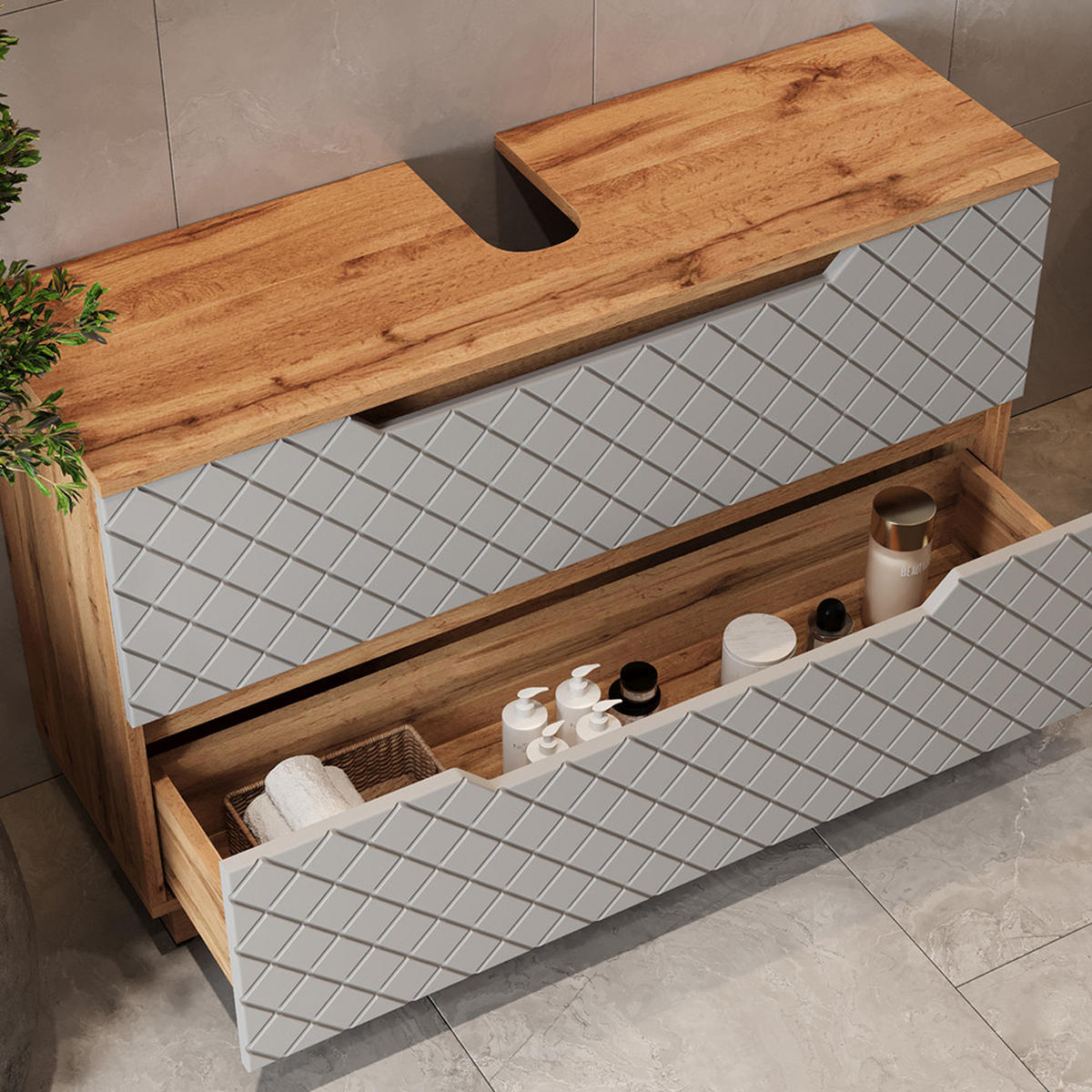 WASCHBECKENUNTERSCHRANK Lotta Eiche/Grau mit Kachelstruktur 99.4 x 62.5 cm mit 2 Schubladen - Eichefarben/Grau, Holzwerkstoff (99.4/62.5/32cm) - Vicco