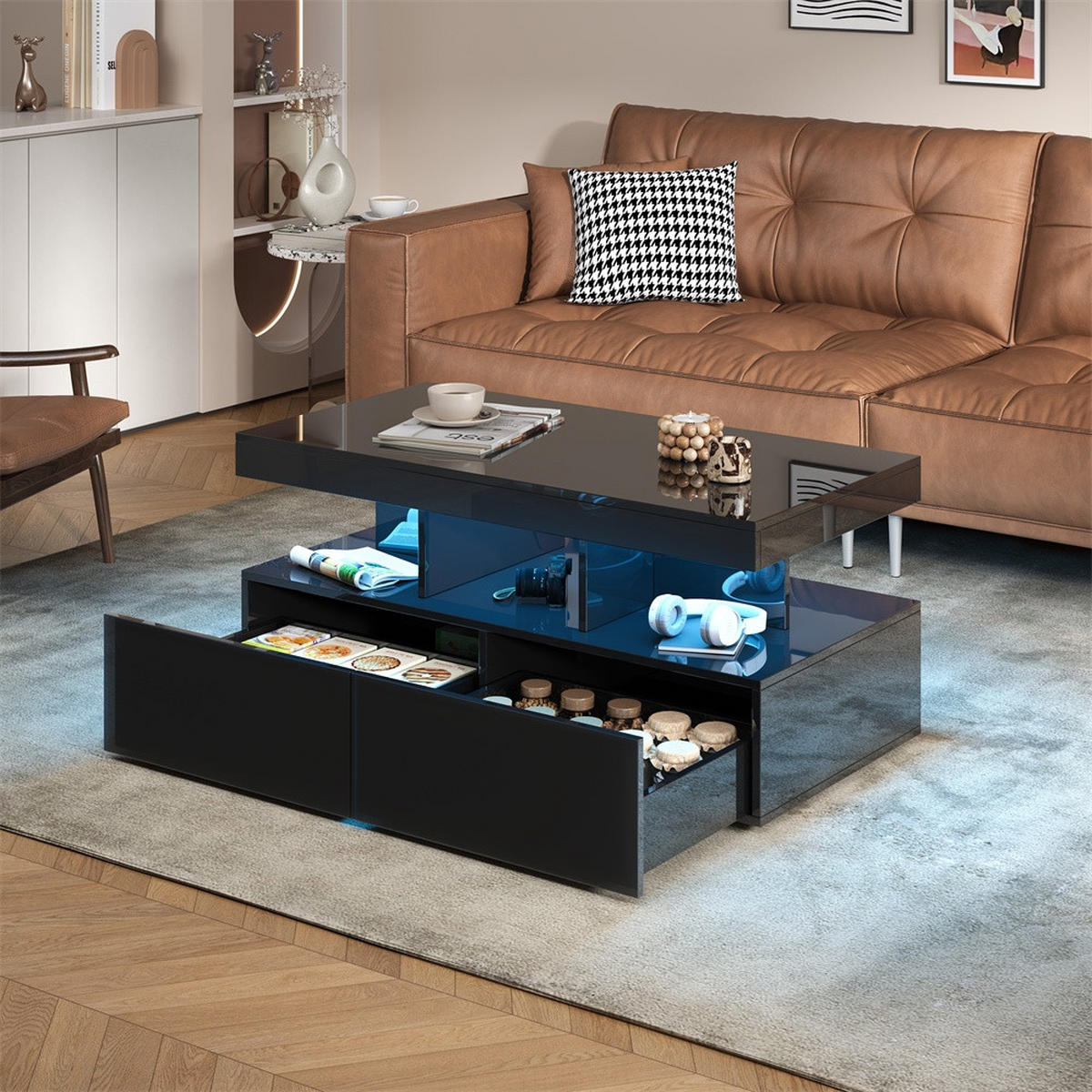 COUCHTISCH in Hochglanz-Schwarz mit LED-Beleuchtung - 2 Schubladen - Schwarz, Holzwerkstoff (104/53/46cm) - DELFA