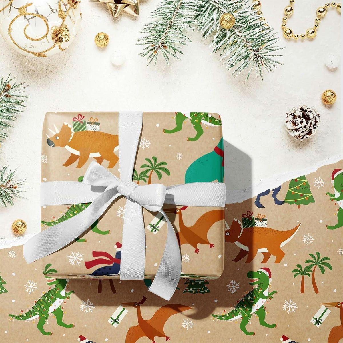 GESCHENKPAPIER Rolle Weihnachtsdinosaurier 43,2 cm x 10 m Kraftpapier - Multicolor, Papier (43.2/1/1000cm)