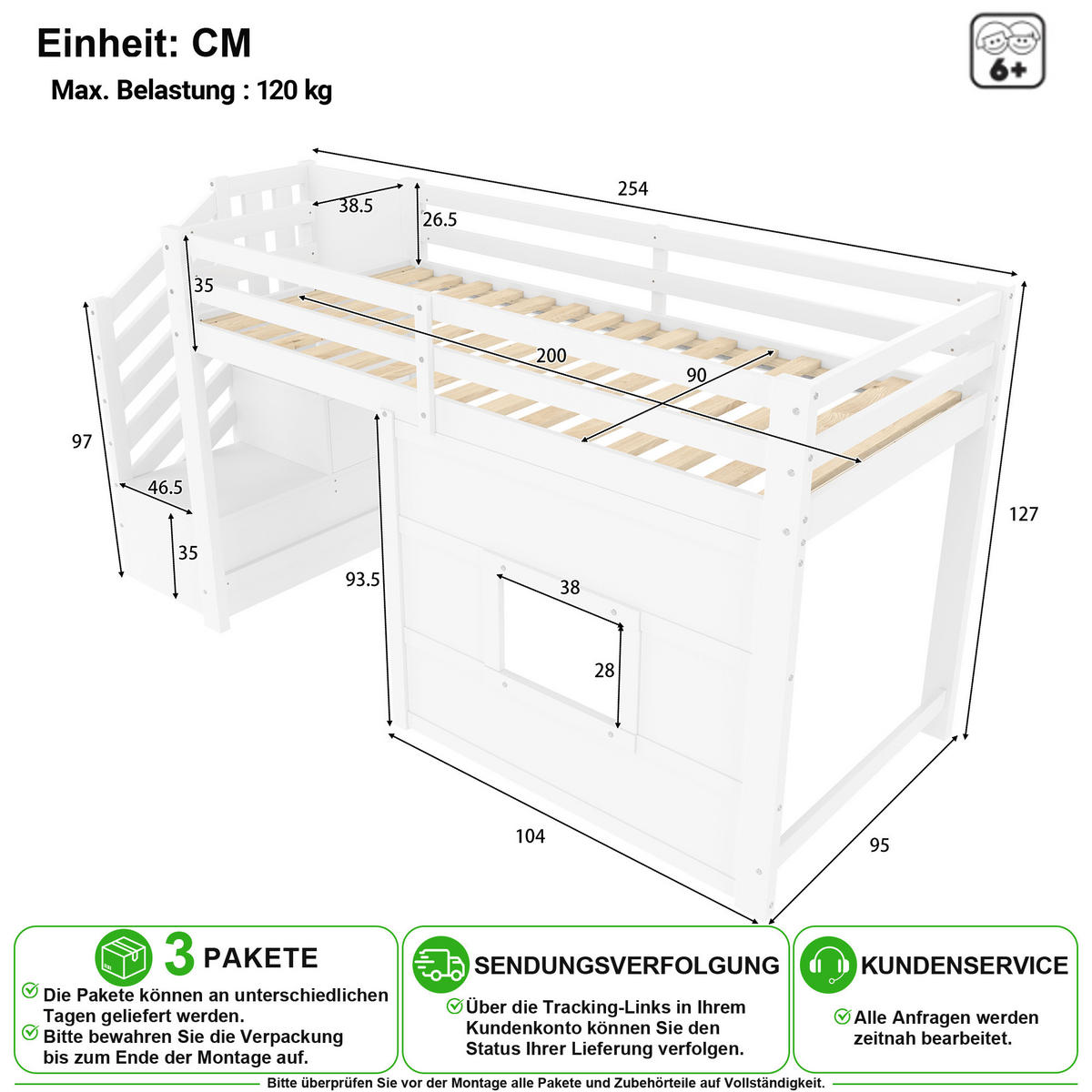 VYVÝŠENÁ POSTEL 90/200 cm v bílé barvě se schody, úložným prostorem a LED - bílá, dřevo/kompozitní dřevo (90/200cm) - CHICFURN