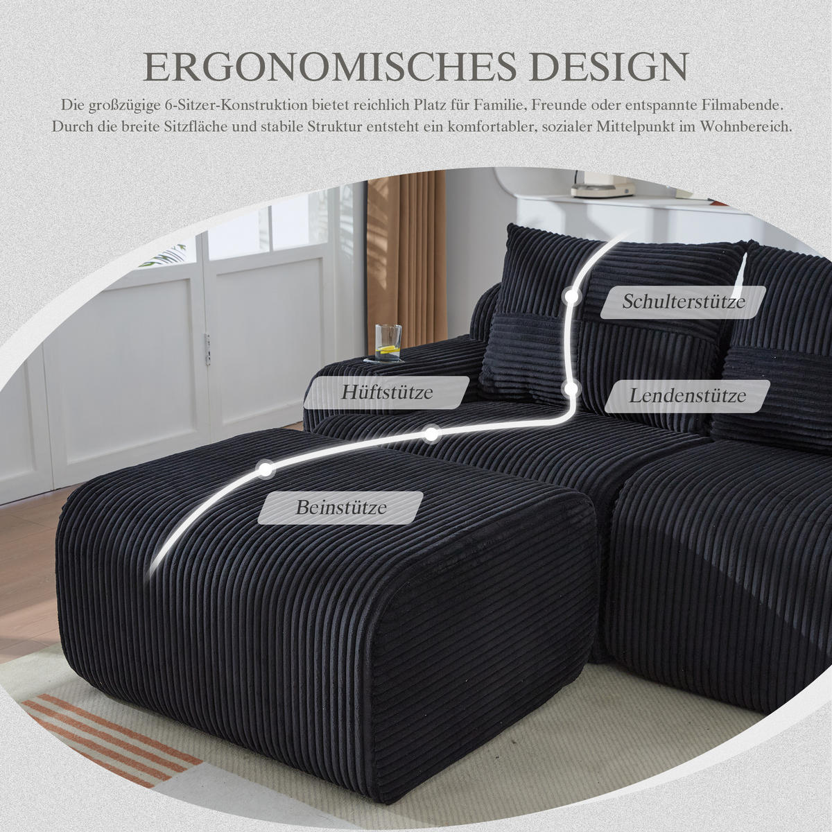 WOHNLANDSCHAFT 4-Sitzer mit 2 Hockern Getränkehalter und Seitentasche 333/174/80 cm Schwarz - Schwarz, Textil (174/80/333cm) - Redom