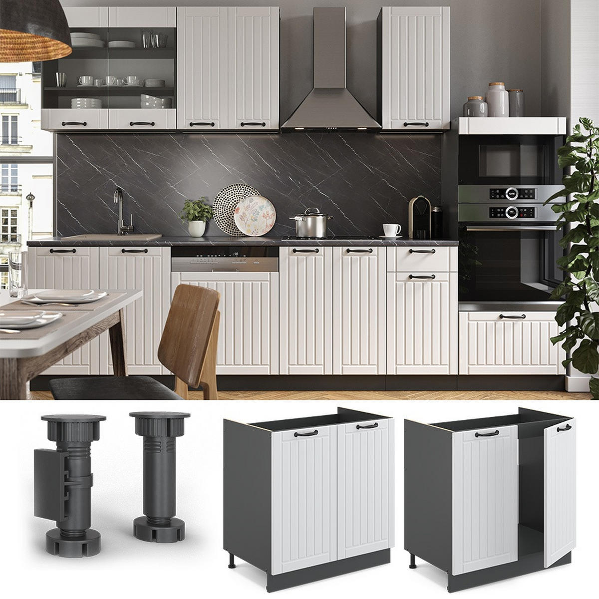 SPÜLENUNTERSCHRANK Fame-Line Weiß Landhaus 80 cm , AP Marmor - Anthrazit/Weiß, Holzwerkstoff (80/82/60cm) - Vicco