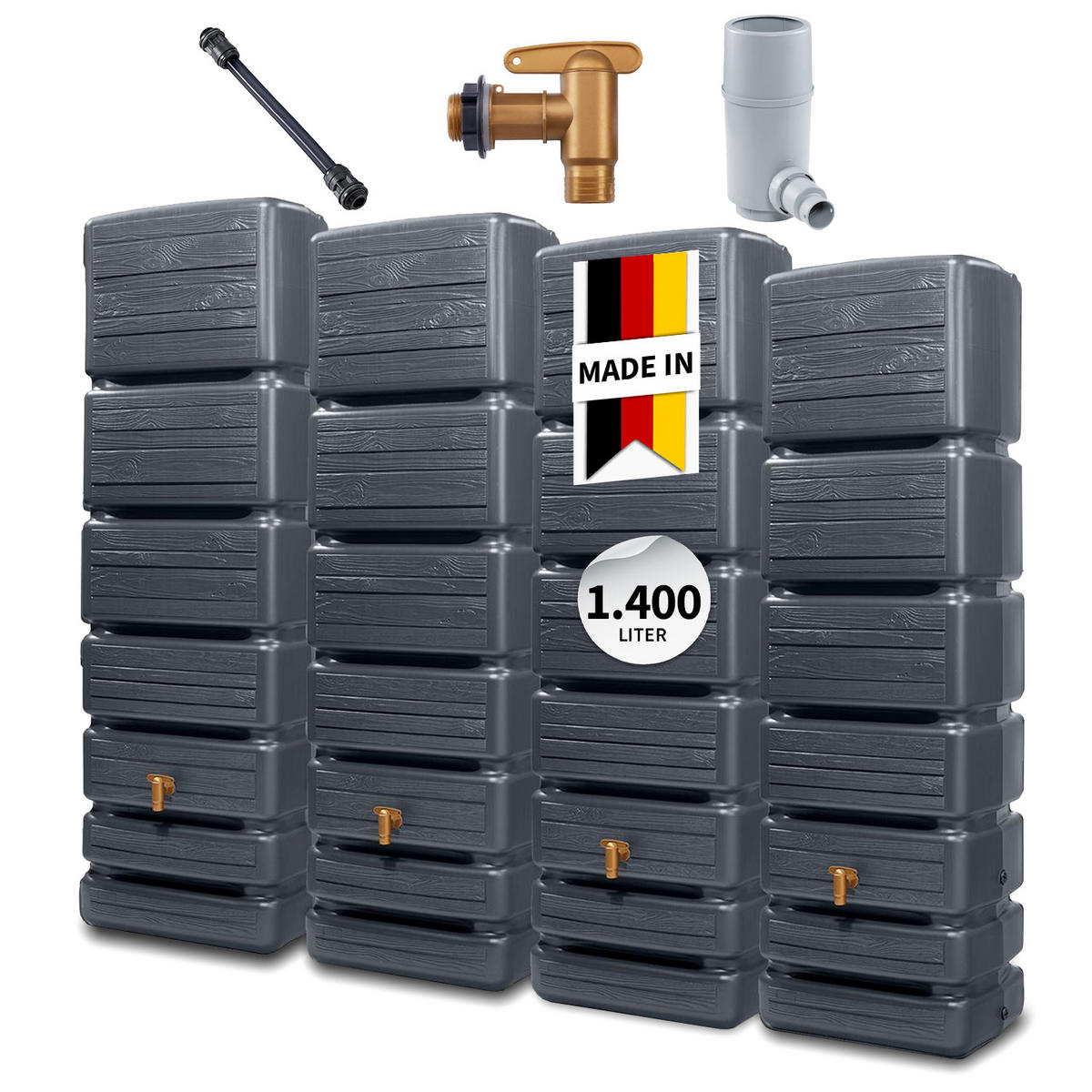 WANDTANK Komplett-Set 1400 L graphite grey 4 x 350 L inkl. Verbindungsset, Kunststoff-Auslaufhahn und Fallrohranschluss - Grau, Kunststoff (270/184/39cm) - 4rain