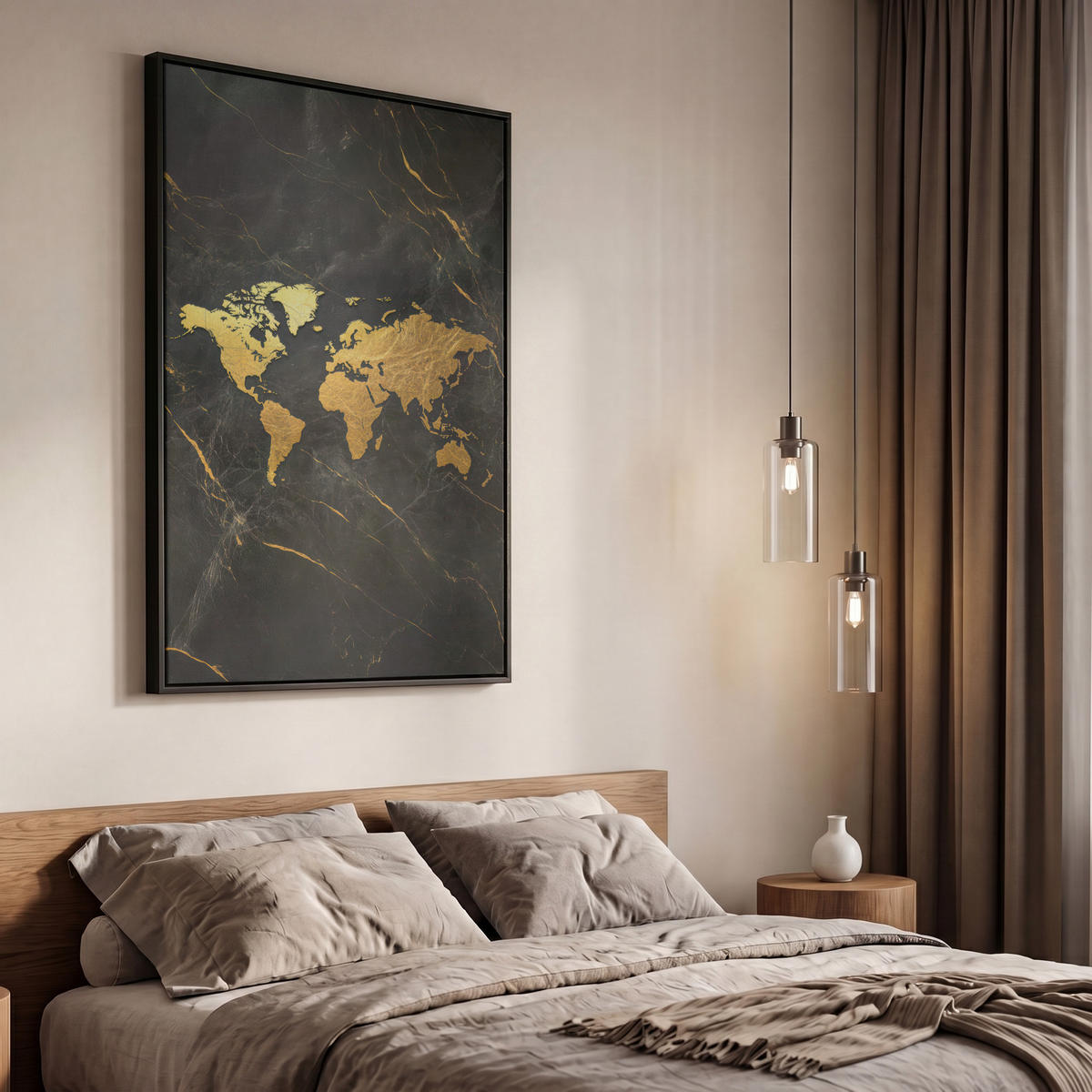 LEINWAND Bilder mit Rahmen - Weltkarte - Gold - Marmor - 60x90 - Goldfarben, Textil (60/90cm) - MuchoWow