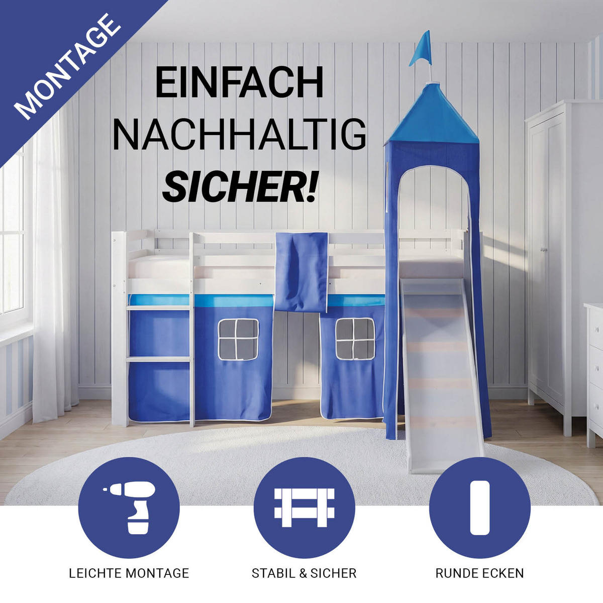 HOCHBETT 90/200 in Blau mit Lattenrost + Matratze - Blau/Weiß, Holz - Homestyle4u