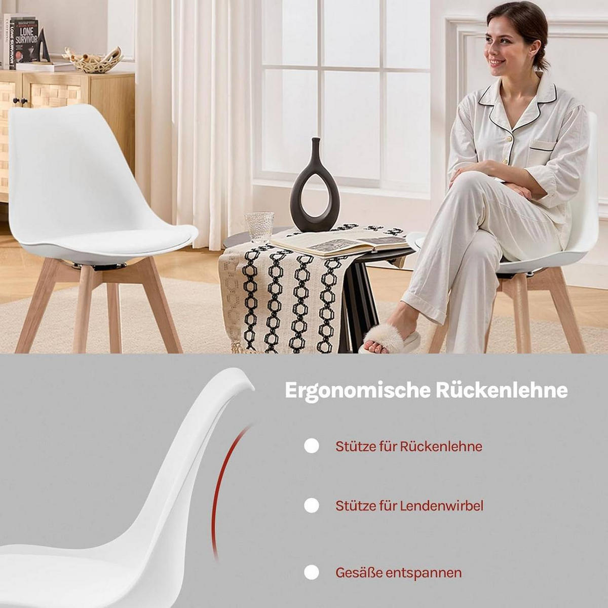 STUHL 2er Set, drehbar, Kunstleder, Massivholz, Weiß - Buchefarben/Weiß, Holz/Kunststoff (48/83/58.5cm) - Woltu