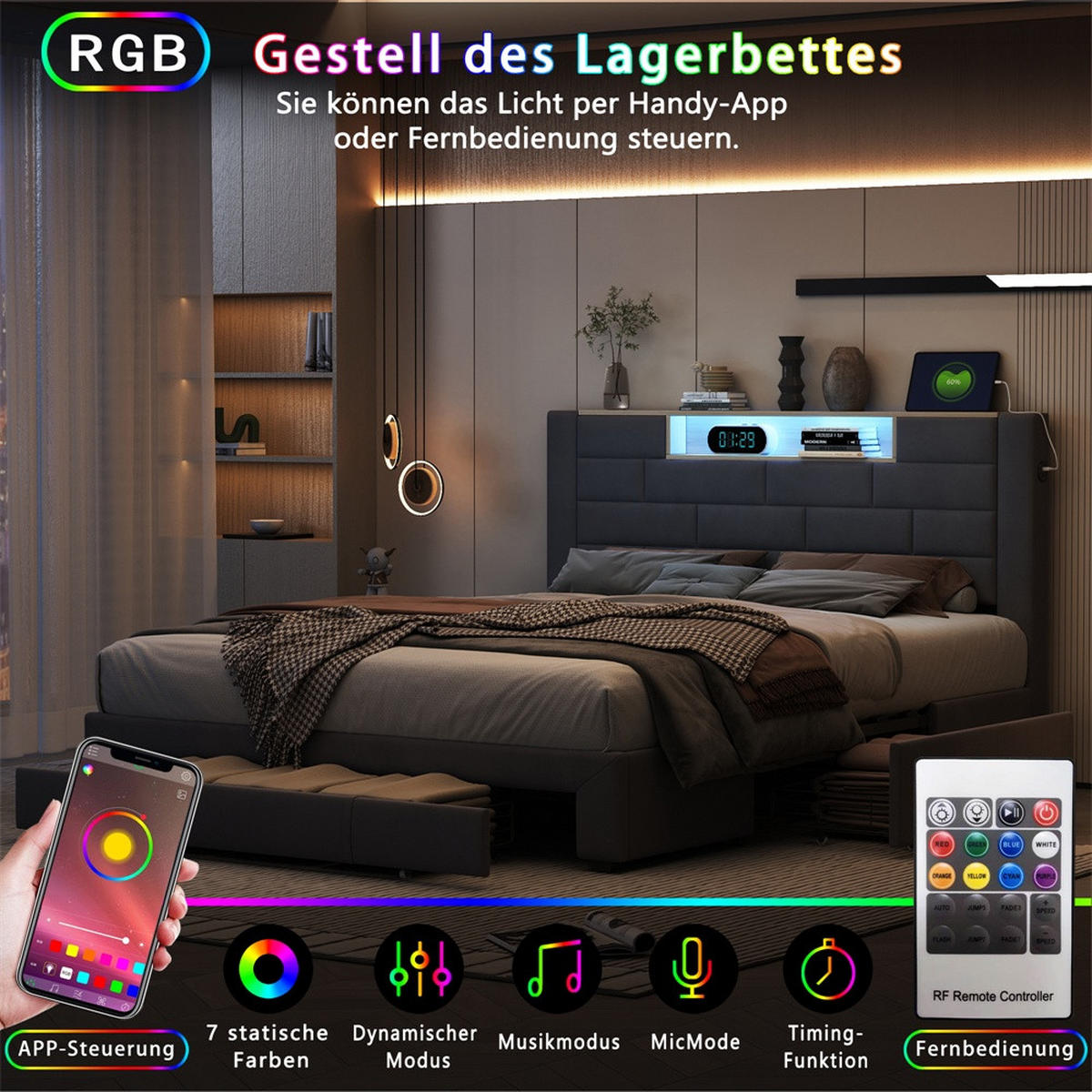 POLSTERBETT 140x200 cm - mit LED-Beleuchtung, USB/Type-C-Ladefunktion, Ablagekopfteil, Schubladen - Grau - Grau, Textil (140/200cm) - DELFA