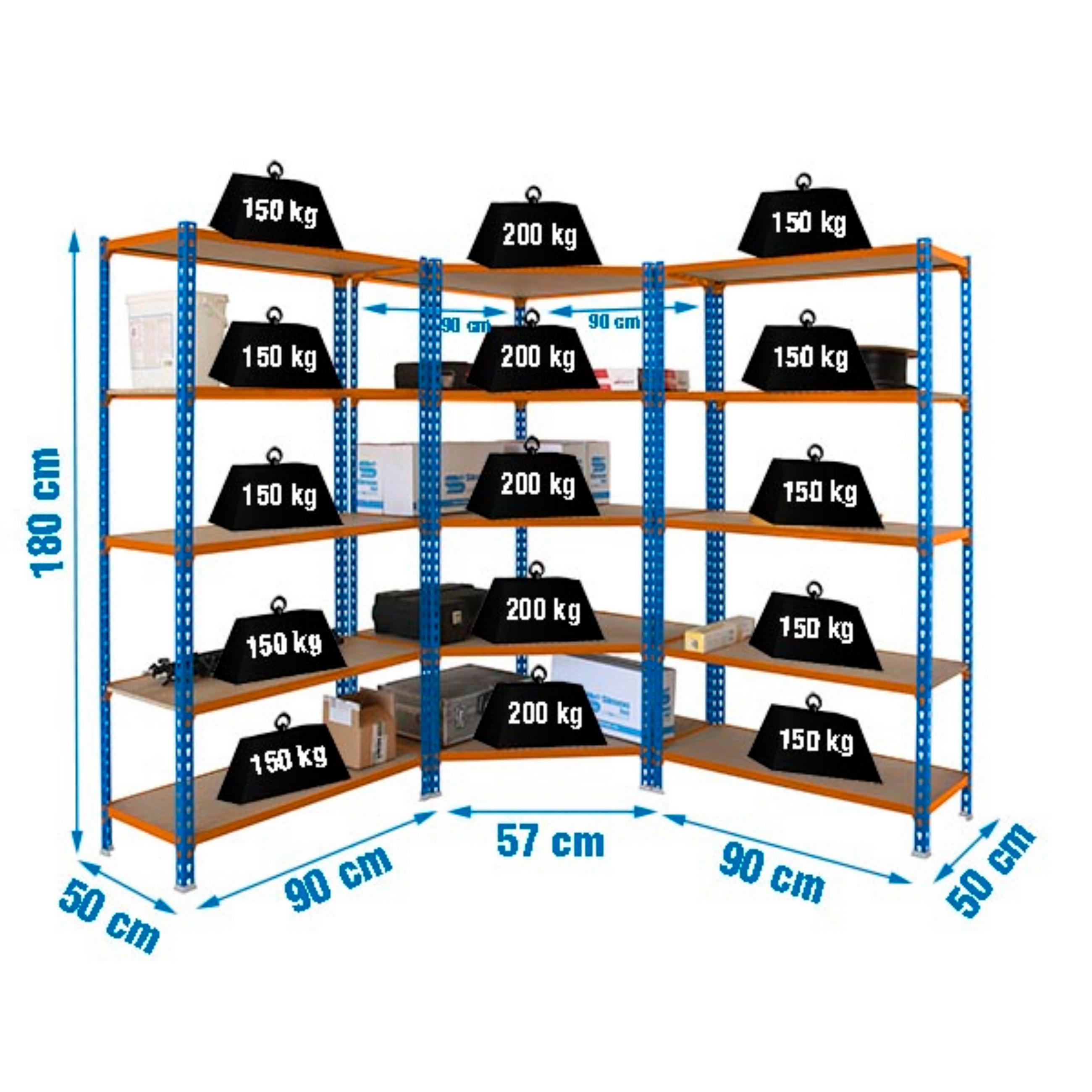 MEGA Deal 1x Eckregal + 2x Schwerlastregal MULI | HxBxT 180x180x50cm | Fachlast 200kg | Blau-Orange - Gelb, Metall (180/180/50cm) - PROREGAL