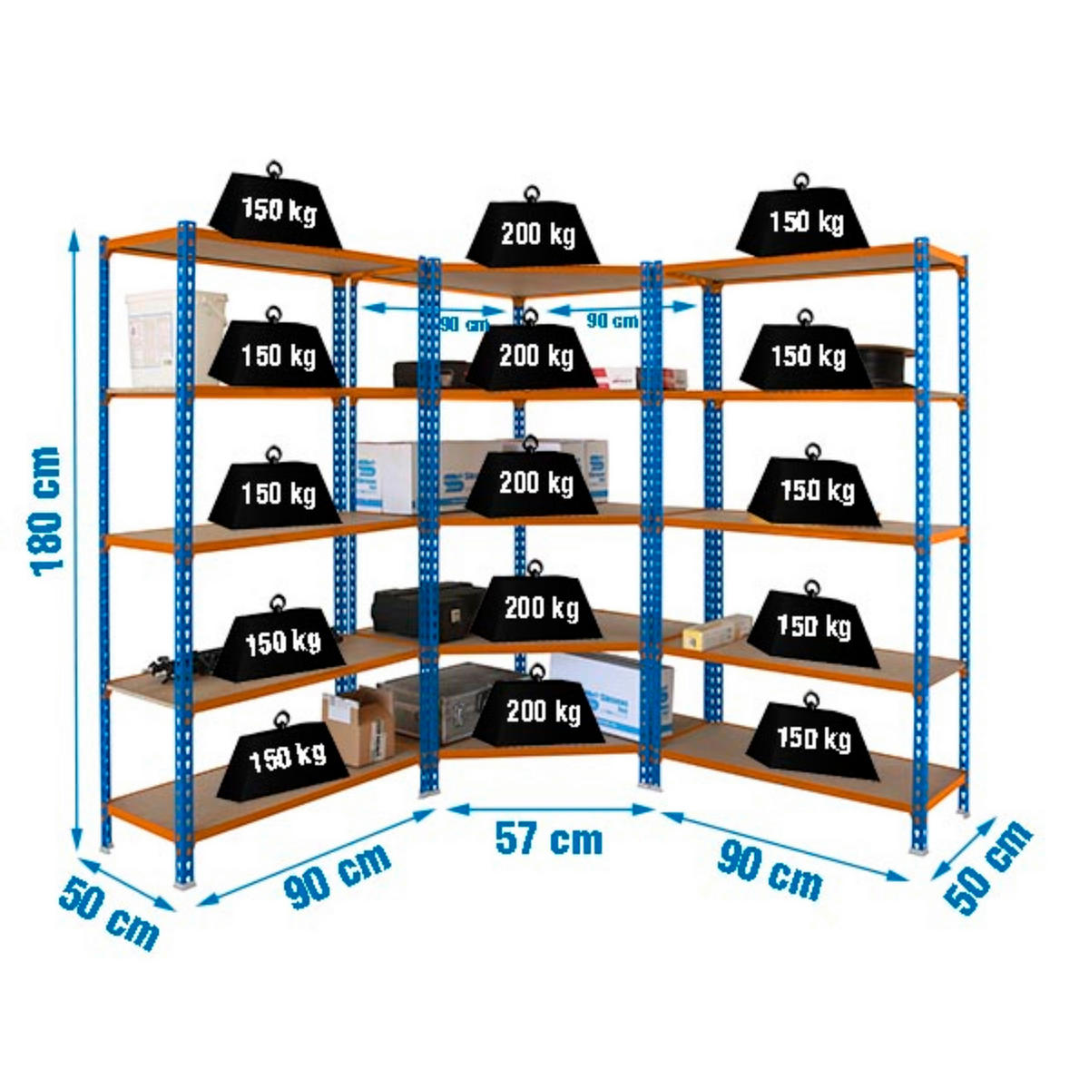 MEGA Deal 1x Eckregal + 2x Schwerlastregal MULI | HxBxT 180x180x50cm | Fachlast 200kg | Blau-Orange - Gelb, Metall (180/180/50cm) - PROREGAL