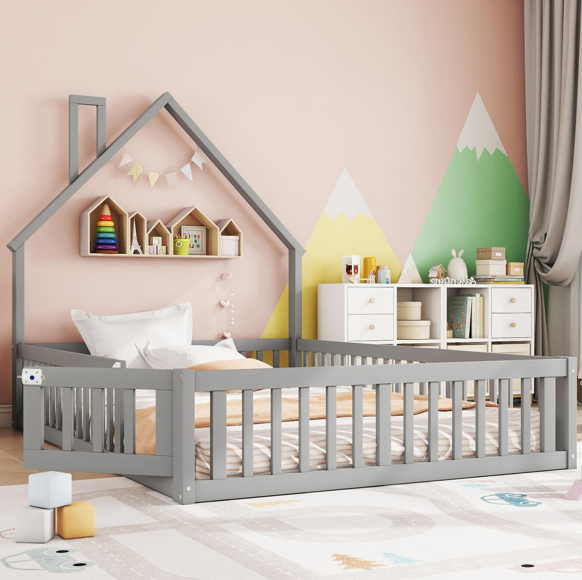 KINDERBETT 140/190 cm in Grau mit Schornsteinform und Sicherheitsgitter - Grau, Holzwerkstoff (140/190cm) - BEAOK