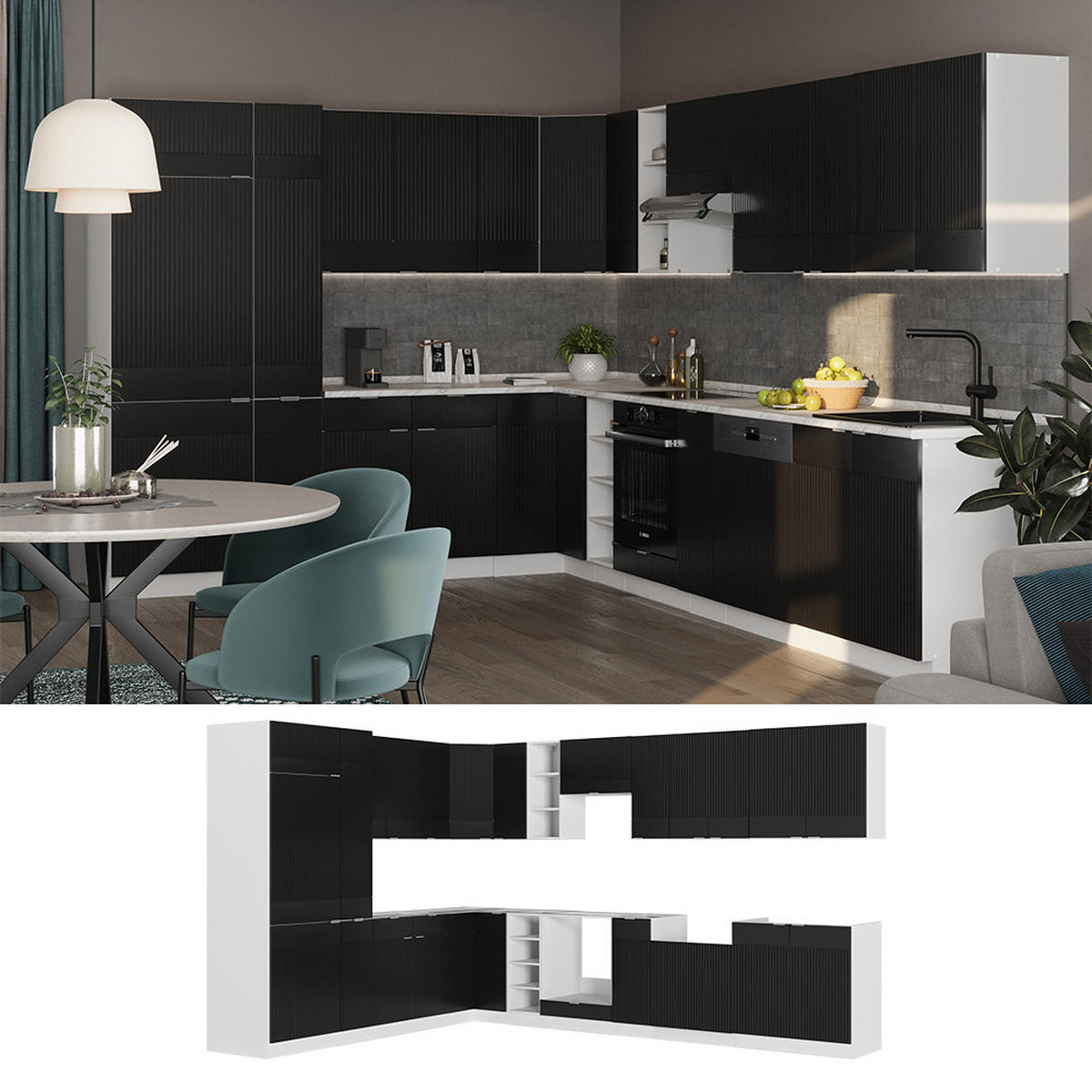 ECKKÜCHE Fame-Line, Schwarz gestreift/Weiß, 347 x 257 cm ohne Arbeitsplatte - Schwarz, Holzwerkstoff (347/81.6/46cm) - Vicco