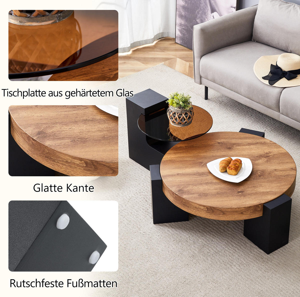 KONFERENČNÍ stolek, 61/44 cm, MDF a sklo v černé a dekoru dřeva, 2dílná sada - černá, kompozitní dřevo (61/61/30cm) - BEAOK