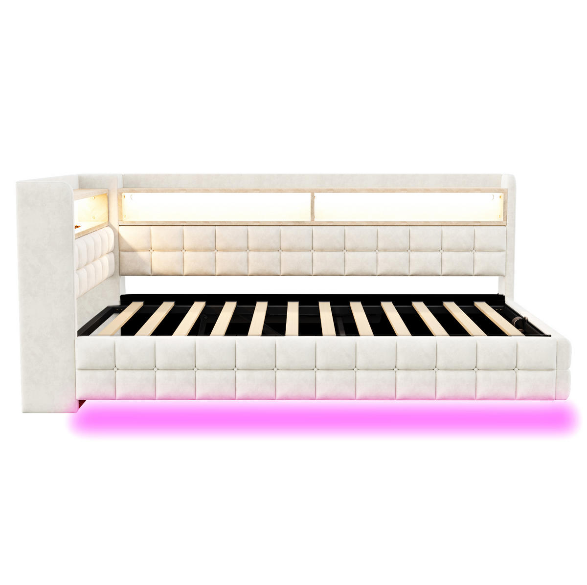 POLSTERBETT 90/200 cm in Beige mit Stauraum, LED-Beleuchtung und USB/Type-C - Beige, Textil (90/200cm) - Flora Grace