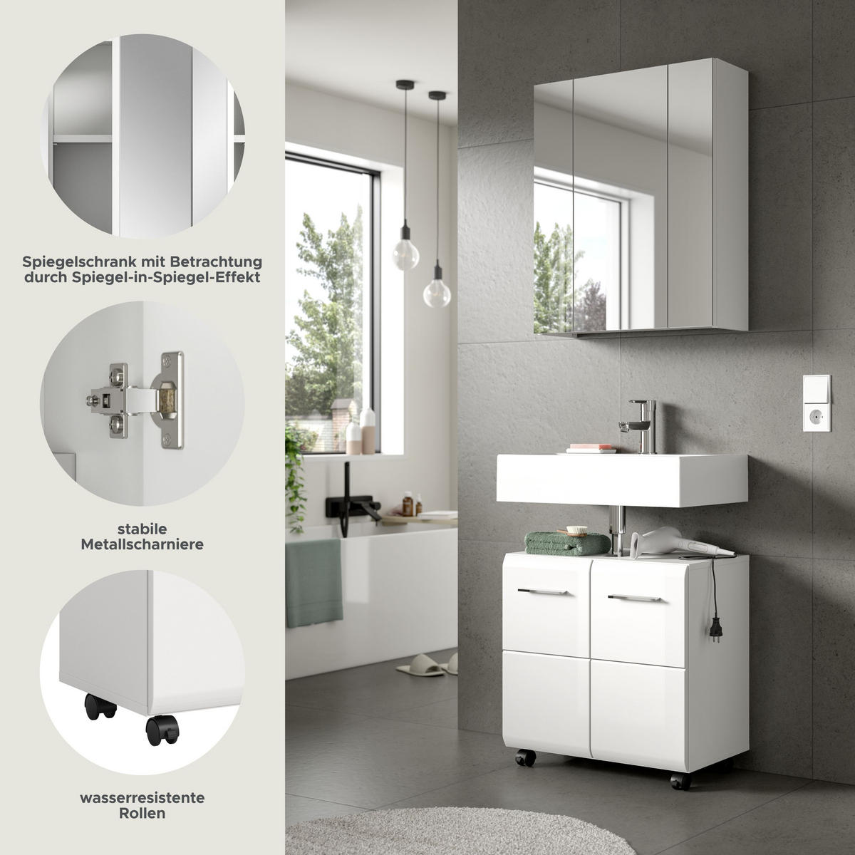 BADKOMBINATION AUF ROLLEN Ice weiß hochglanz 60/30/185 cm - Weiß, Holzwerkstoff (60/185/30cm) - Xonox