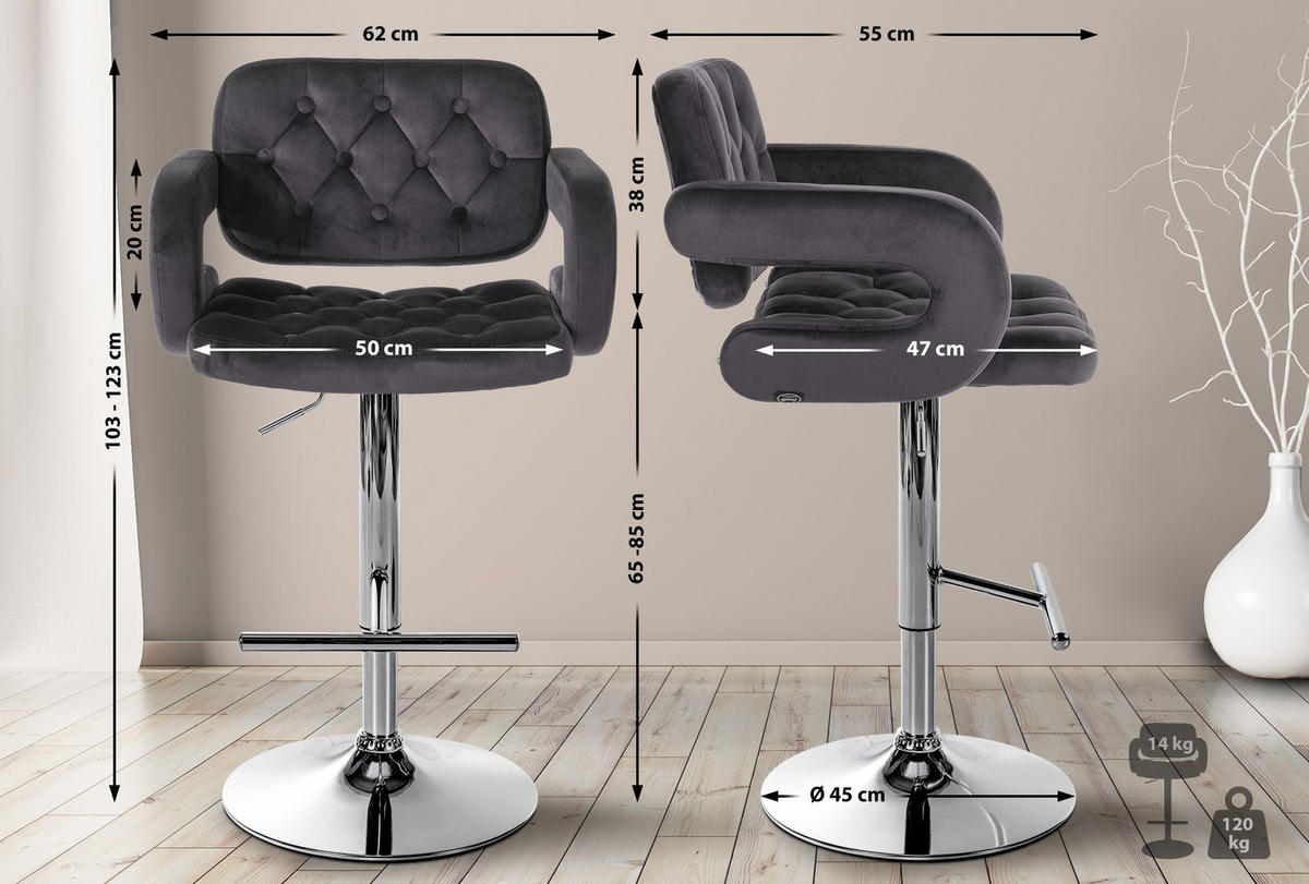 BARHOCKER Samt dunkelgrau - Chromfarben/Dunkelgrau, Textil (62/103/55cm) - CLP