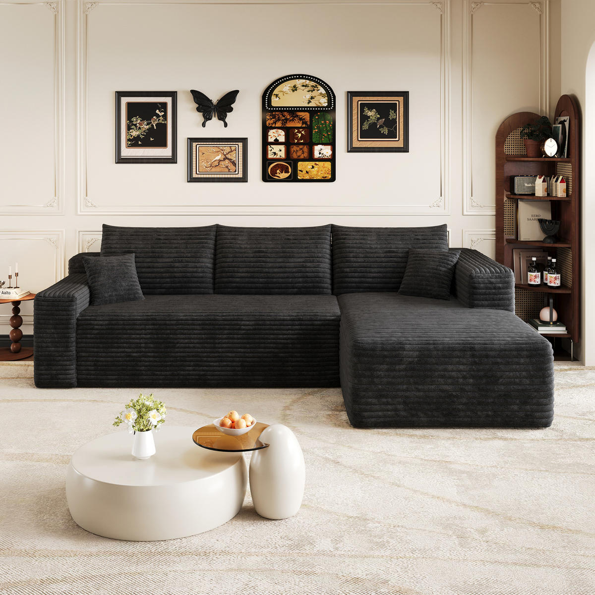 ECKSOFA 241/151/58 cm schwarz aus Stoff ohne Montage mit Chaise - Schwarz, Textil (151/241cm) - OKWISH