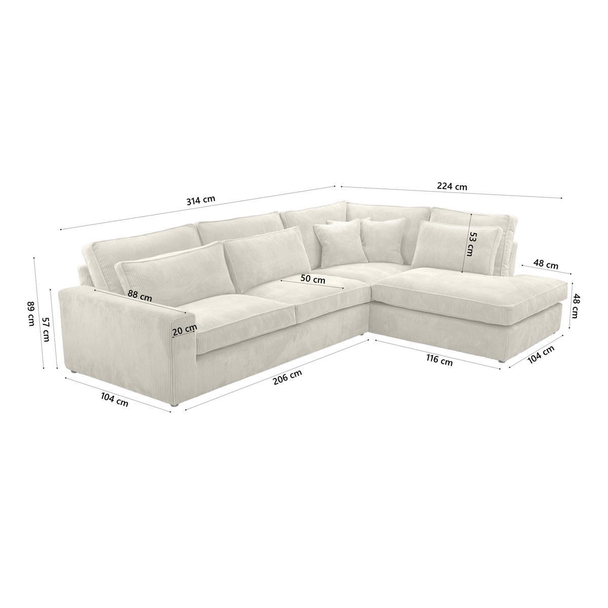 ECKSOFA CAMBO Ohne Schlaffunktion, Creme - Creme, Textil (314/224cm) - Fedve