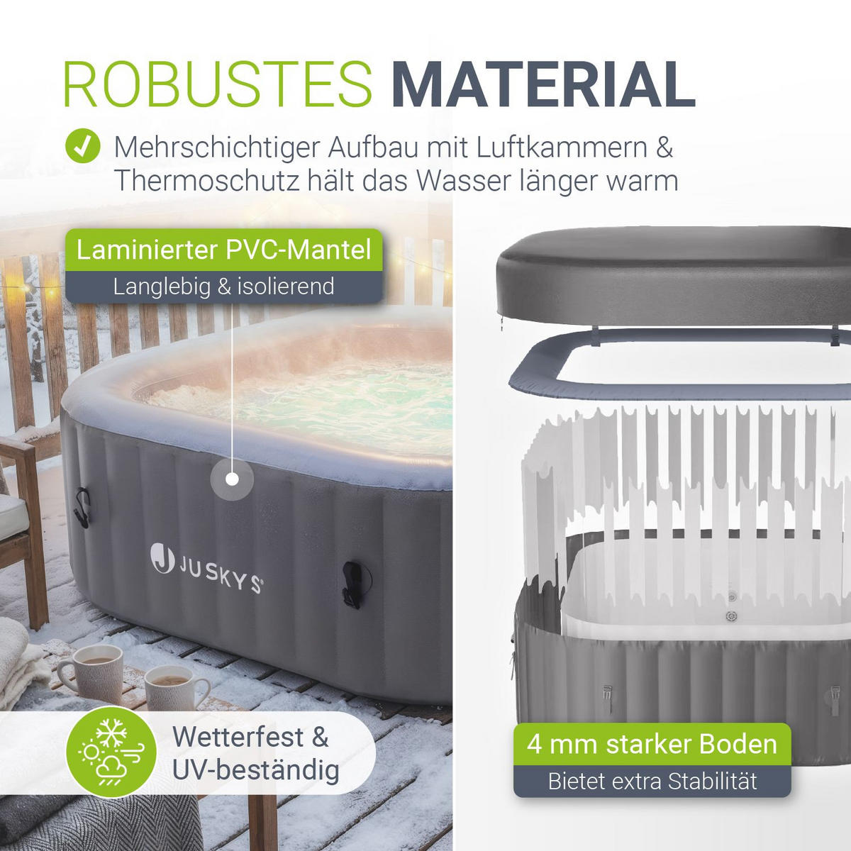 WHIRLPOOL SpaLuxe LED 185x185x65 cm grau/blau - Grau, Kunststoff (185/65/185cm) - Juskys