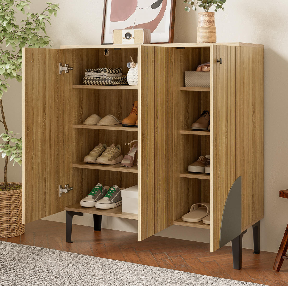 SCHUHSCHRANK 90/32/94 cm in Holzoptik mit 3 Türen und schwarzem Fußgestell - Naturfarben, Holzwerkstoff (90/94/32cm) - BEAOK