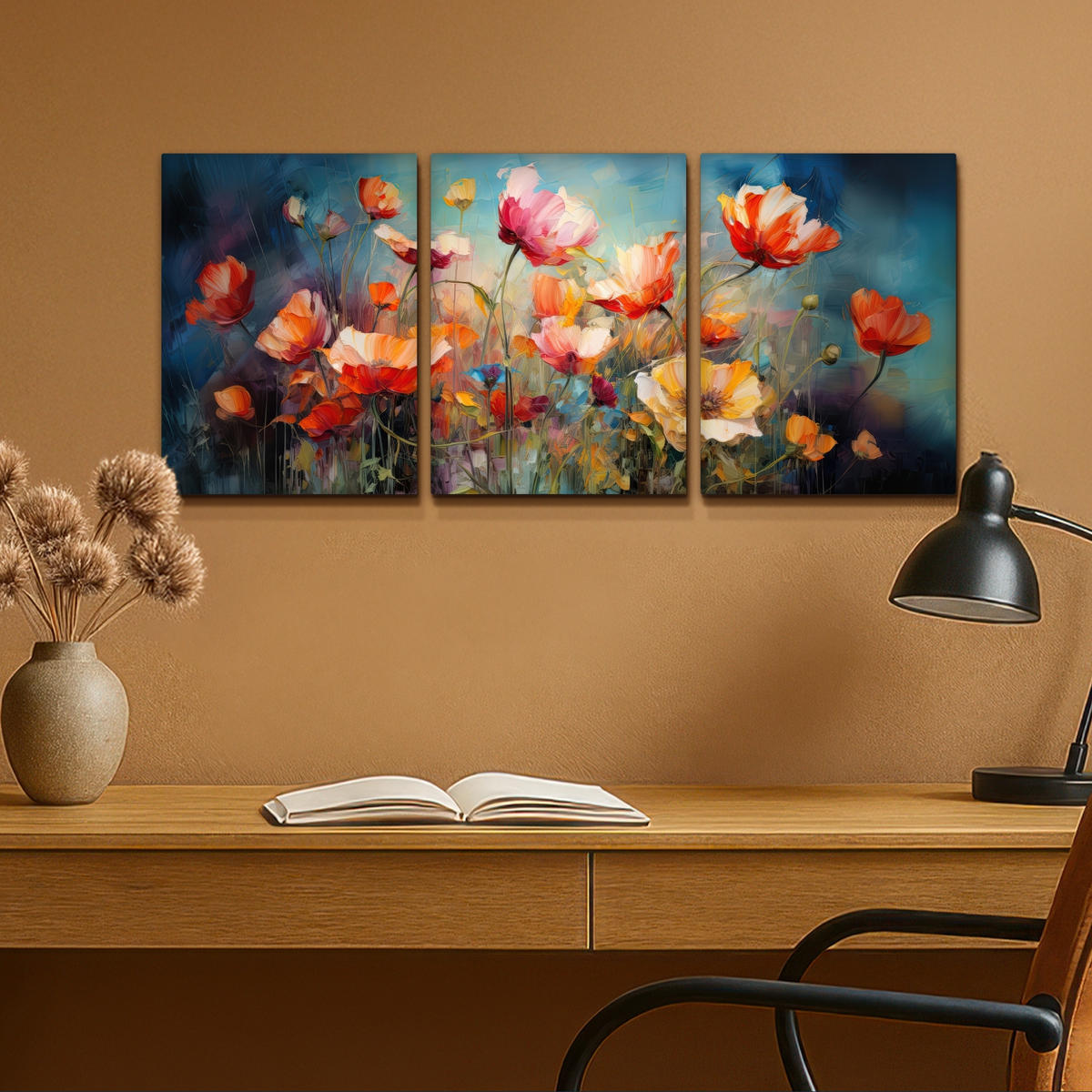 LEINWANDBILD 3er Set Blumen - Bunt - Abstrakt 90x40 cm - Blaugrau, Textil (90/40cm) - MuchoWow