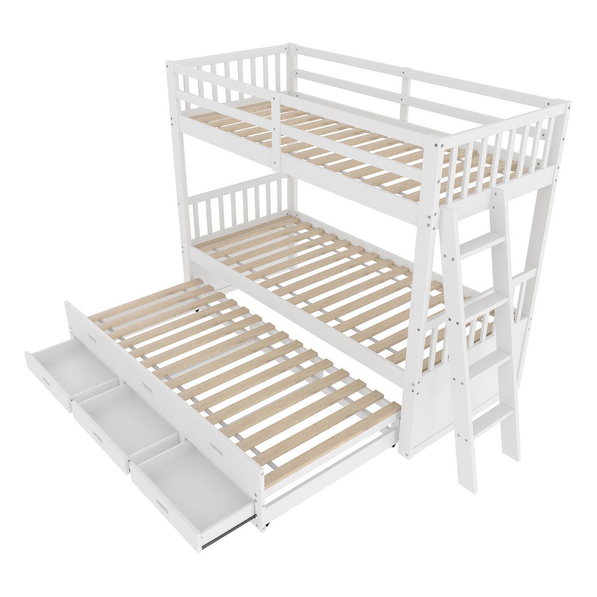 ETAGENBETT 90/200 cm aus Kiefernholz mit Ausziehbett und 3 Schubladen, Weiß - Weiß, Holz (90/200cm) - Flora Grace