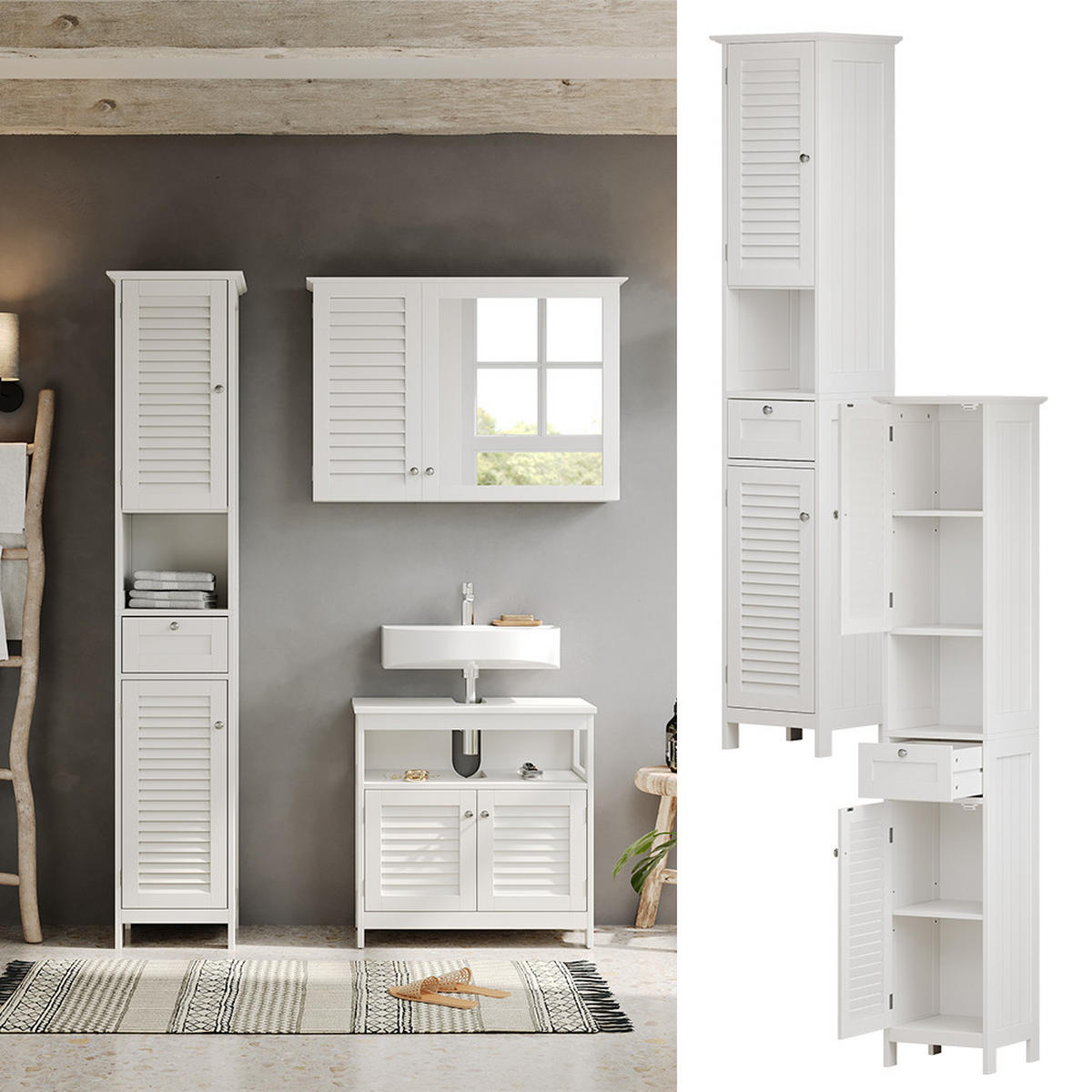 BADSCHRANK Riad Weiß 32 x 170 cm mit Türen, Schublade und offenem Fach - Weiß, Holzwerkstoff (32/170/30cm) - Vicco