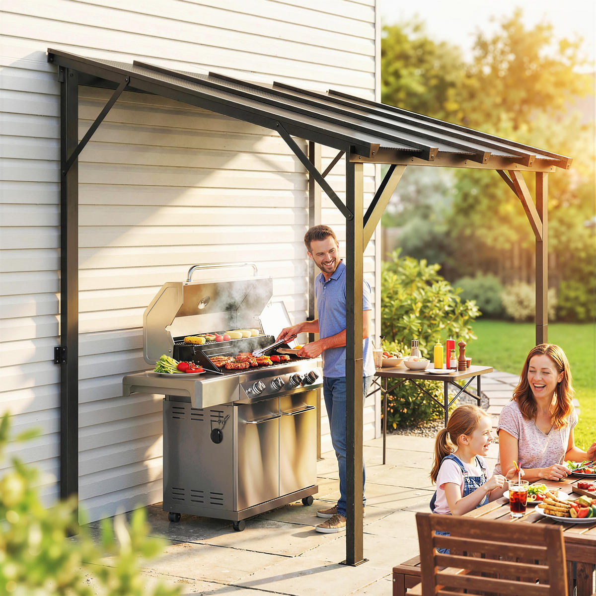 GRILLPAVILLON Polycarbonat, Verzinkter Metall Dunkelgrau - Dunkelgrau, Metall (148/244/244cm) - Outsunny