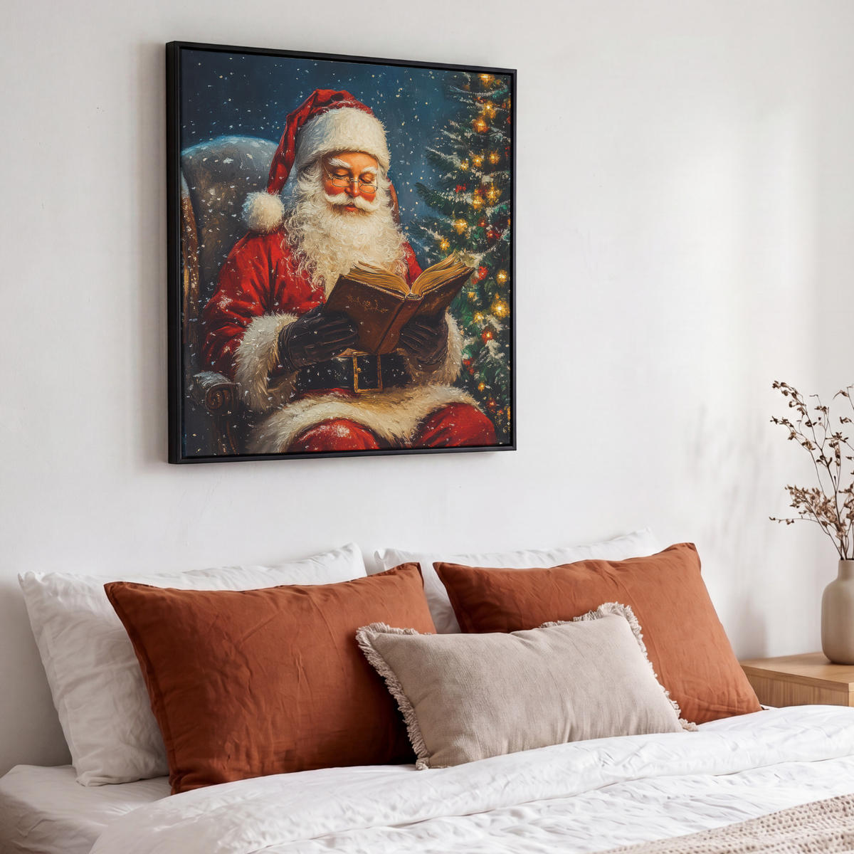 LEINWAND Bilder mit Rahmen - Weihnachtsmann - Weihnachten - Winter - Weihnachtsbaum - 50x50 - Bordeaux, Textil (50/50cm) - MuchoWow