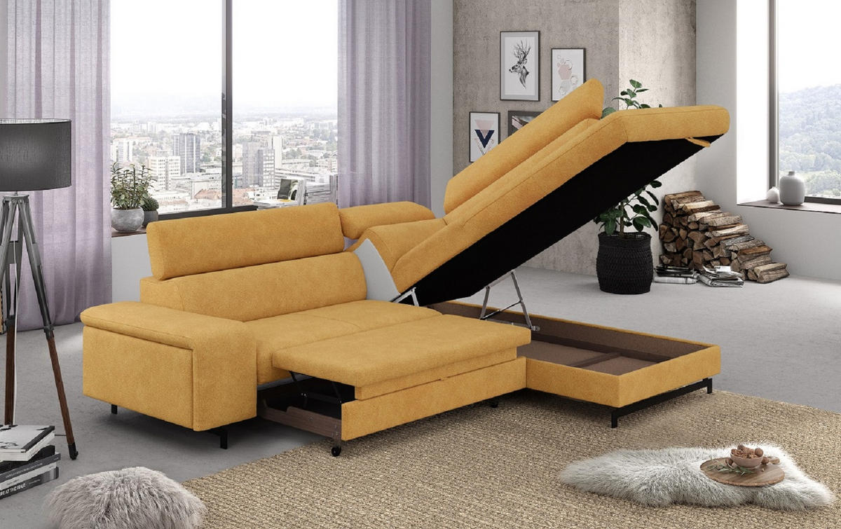 ECKSOFA mit Schlaffunktion und Bettkasten - Gelb/Schwarz, Kunststoff/Textil (215/262cm) - Cotta