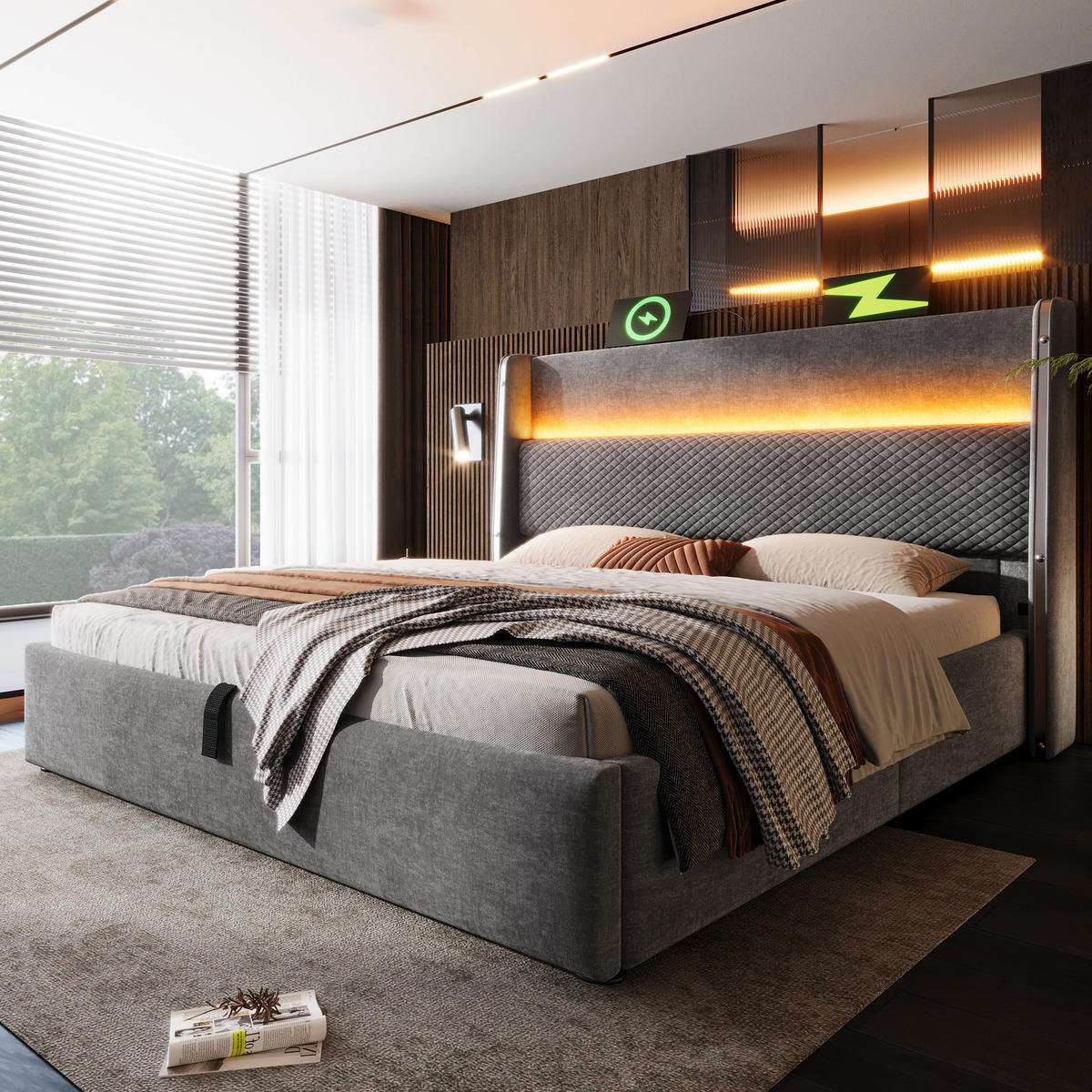BETT mit Stauraum 140x200 cm Leinenoptik Grau inkl. Matratze - Grau, Metall (140/200cm) - Meubliv