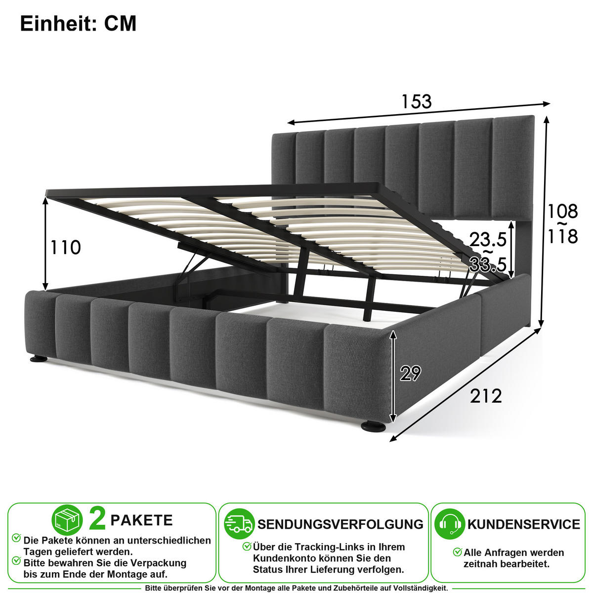 ČALOUNĚNÁ POSTEL 140/200 cm v šedé barvě s úložným prostorem, nastavitelným čelem a lnem - šedá, kov/kompozitní dřevo (140/200cm) - CHICFURN
