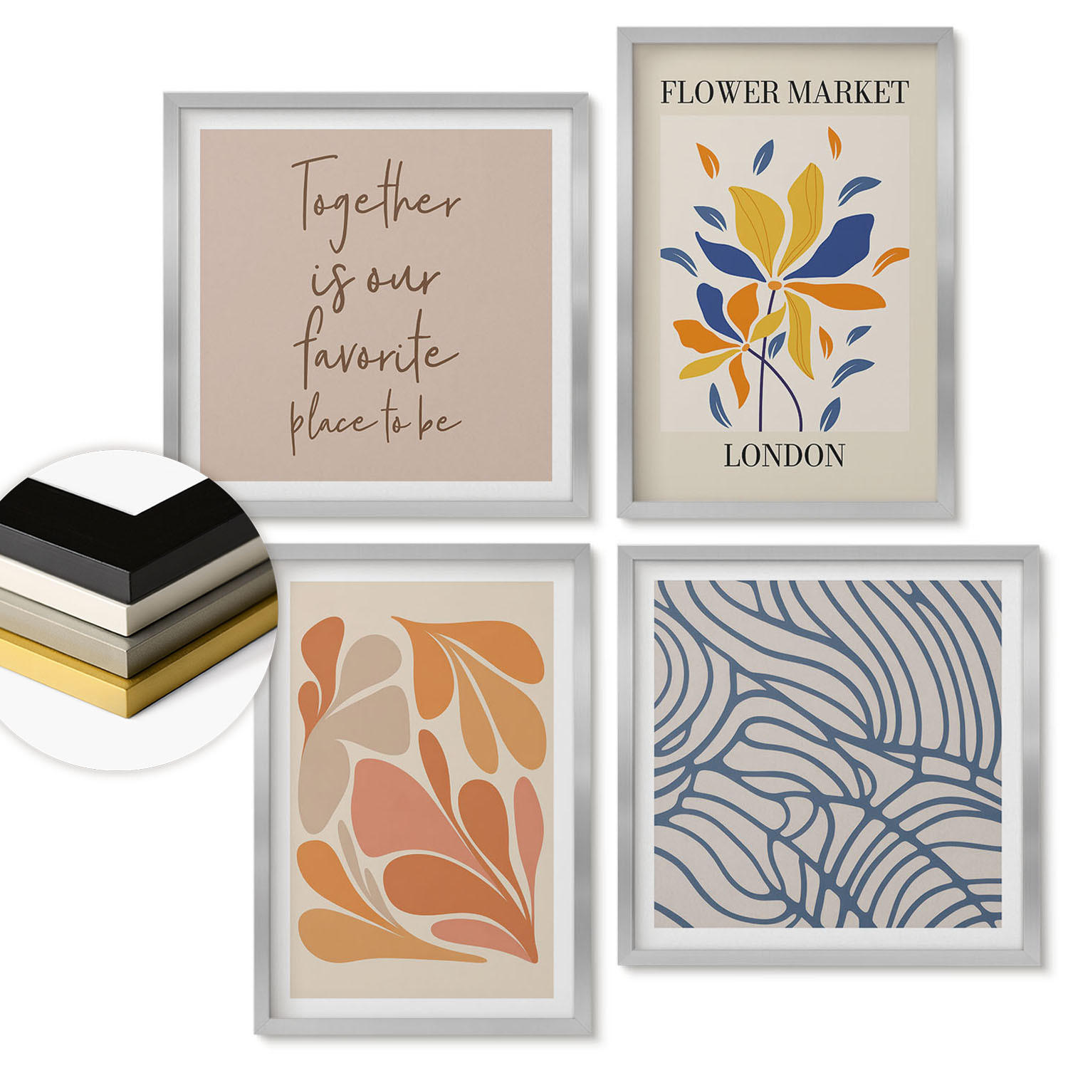 WANDBILDER 4er Set - 50x50 cm & 40x60 cm Silberner Rahmen - Moderne abstrakte Blumen - Silberfarben, Kunststoff (50/50cm) - ArtPrintCave