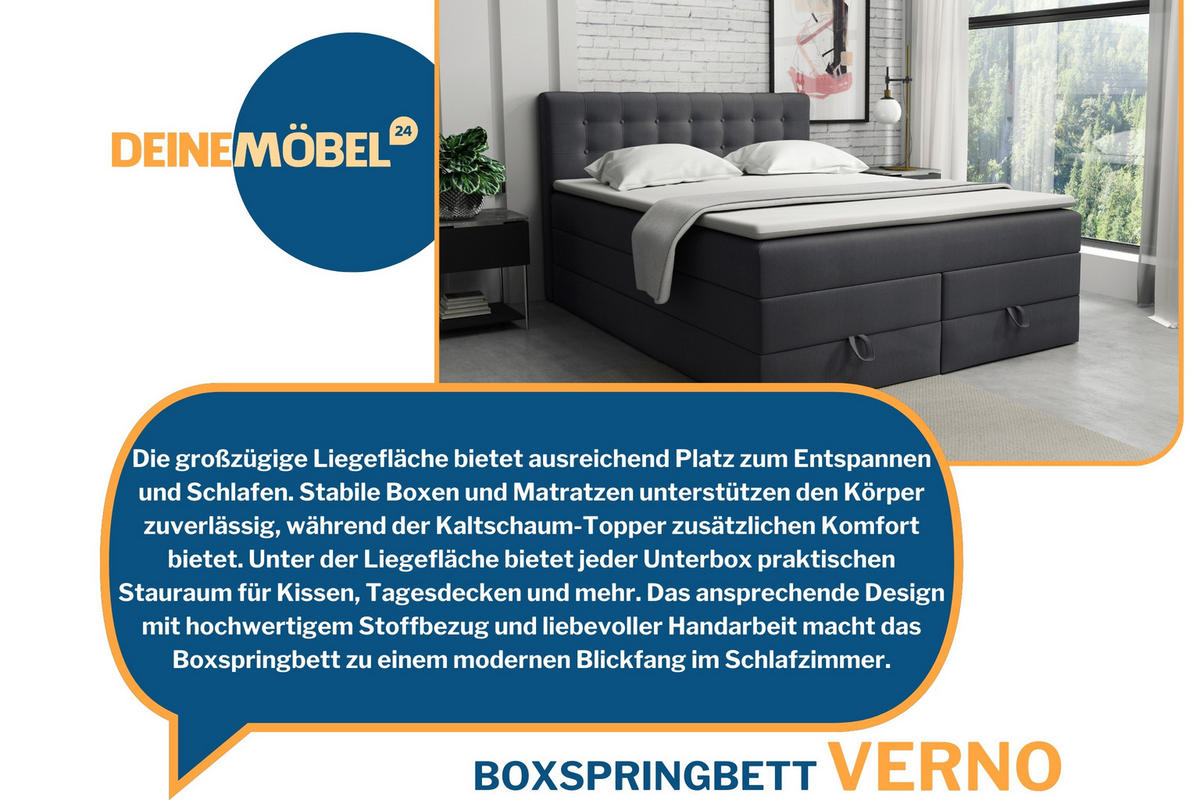 BOXSPRINGBETT VERNO 180/200 in Velour Dunkelgrau - Dunkelgrau, Holz/Holzwerkstoff (180/200cm) - Deine Möbel 24