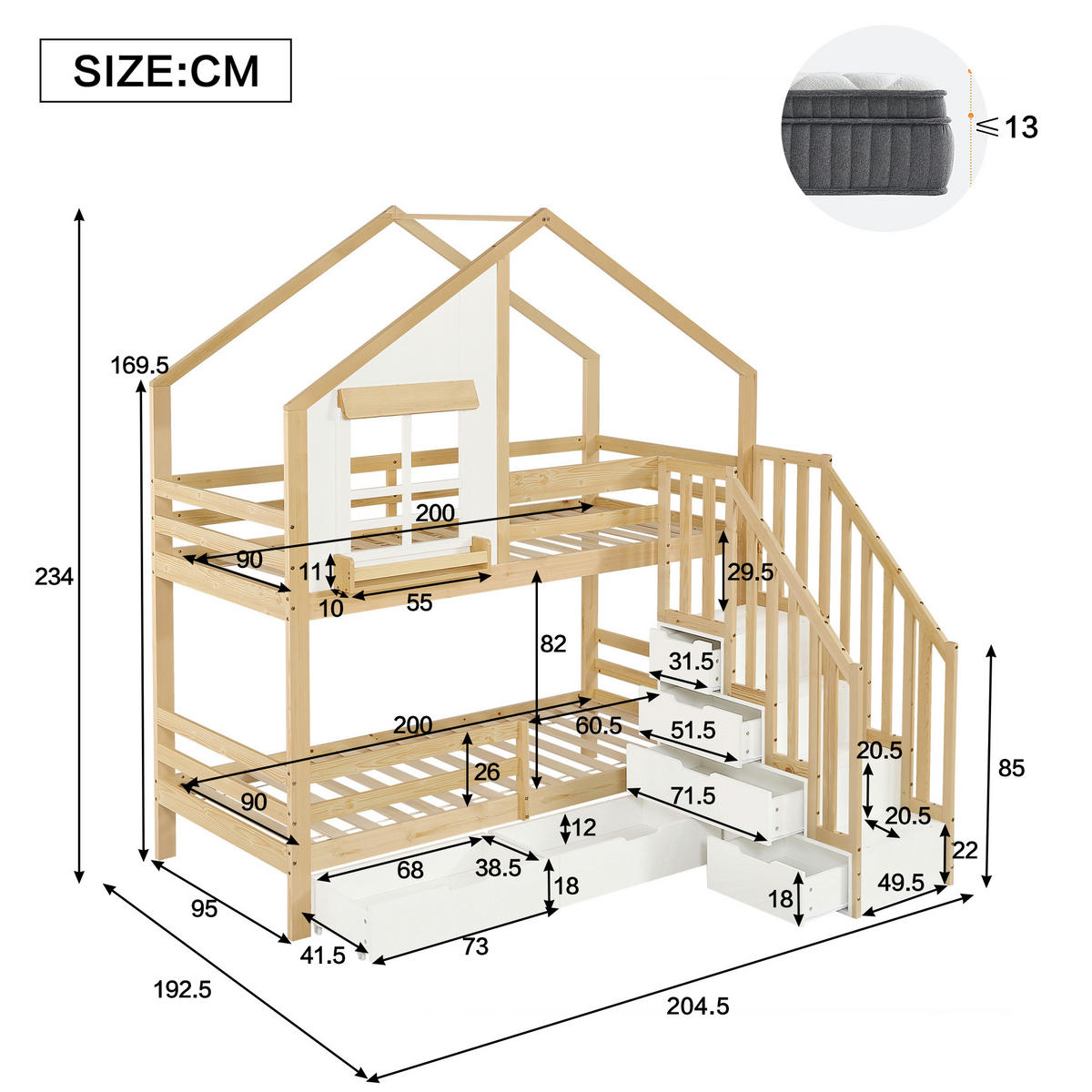 ETAGENBETT 90/200 cm in Weiß & Natur mit Stauraumtreppe und Schubladen - Naturfarben/Weiß, Holz/Holzwerkstoff (90/200cm) - WISHDOR