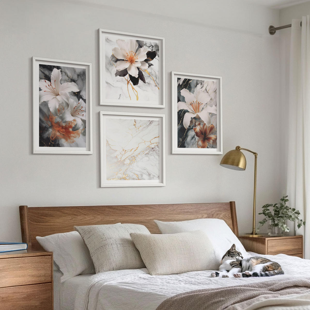 WANDBILDER 4er-Set - 50x50 cm & 40x60 cm Weißer Rahmen - Blumen Marmor weiß schwarz - Weiß, Kunststoff (50/50cm) - ArtPrintCave