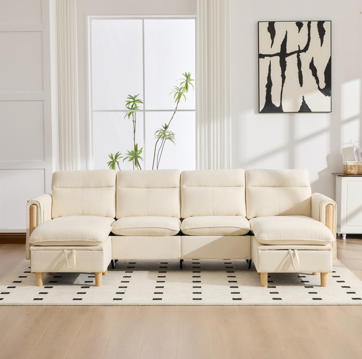 SOFA-SET 4-Sitzer mit 2 Hockern und Stauraum Chenille Beige - Beige, Holz (77/86/261cm) - Meubliv