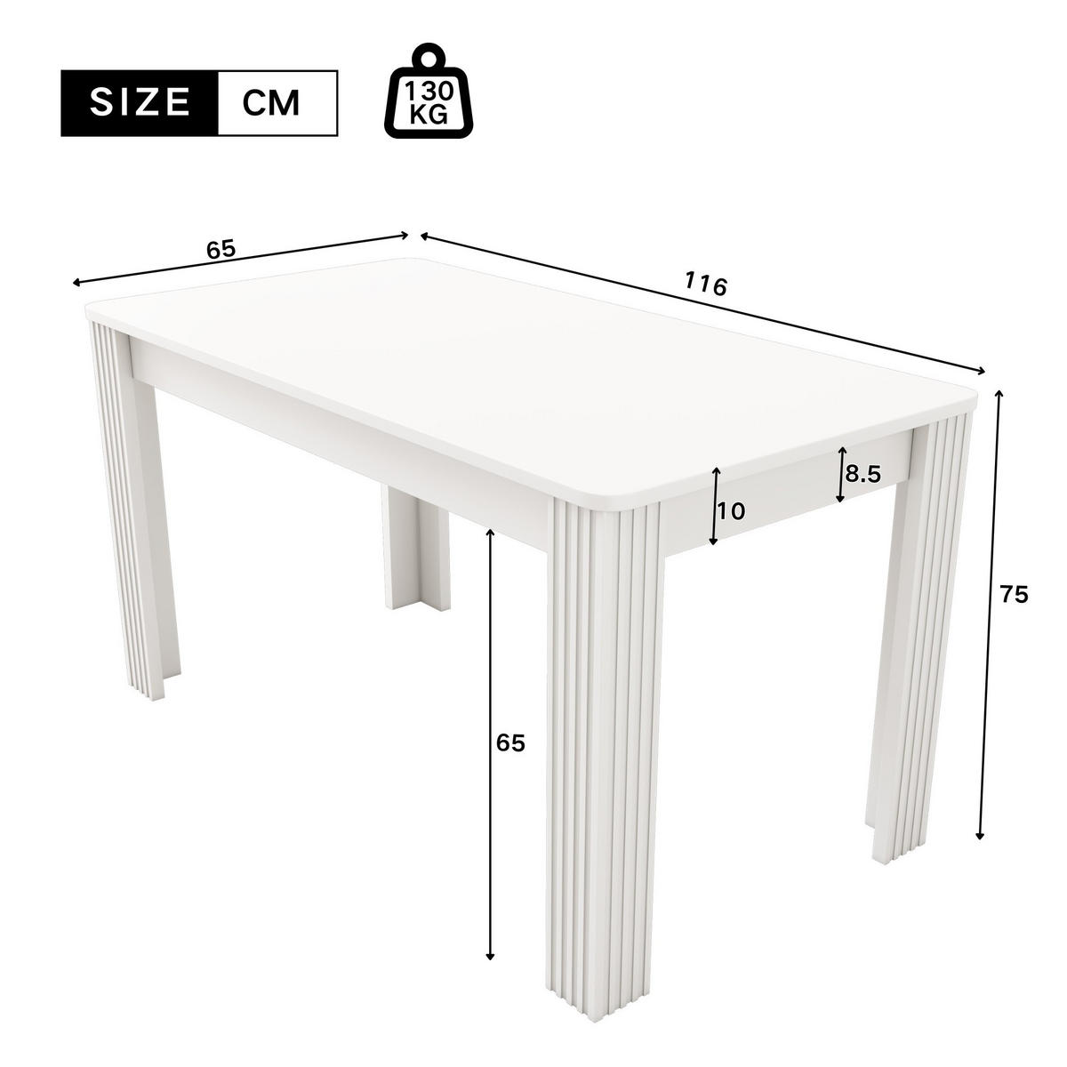 ESSTISCH 116/65/75cm,vierbeiniger Tisch,rechteckiger Holztisch,Weiß - Weiß, Holz (116/65/75cm) - LVHOM