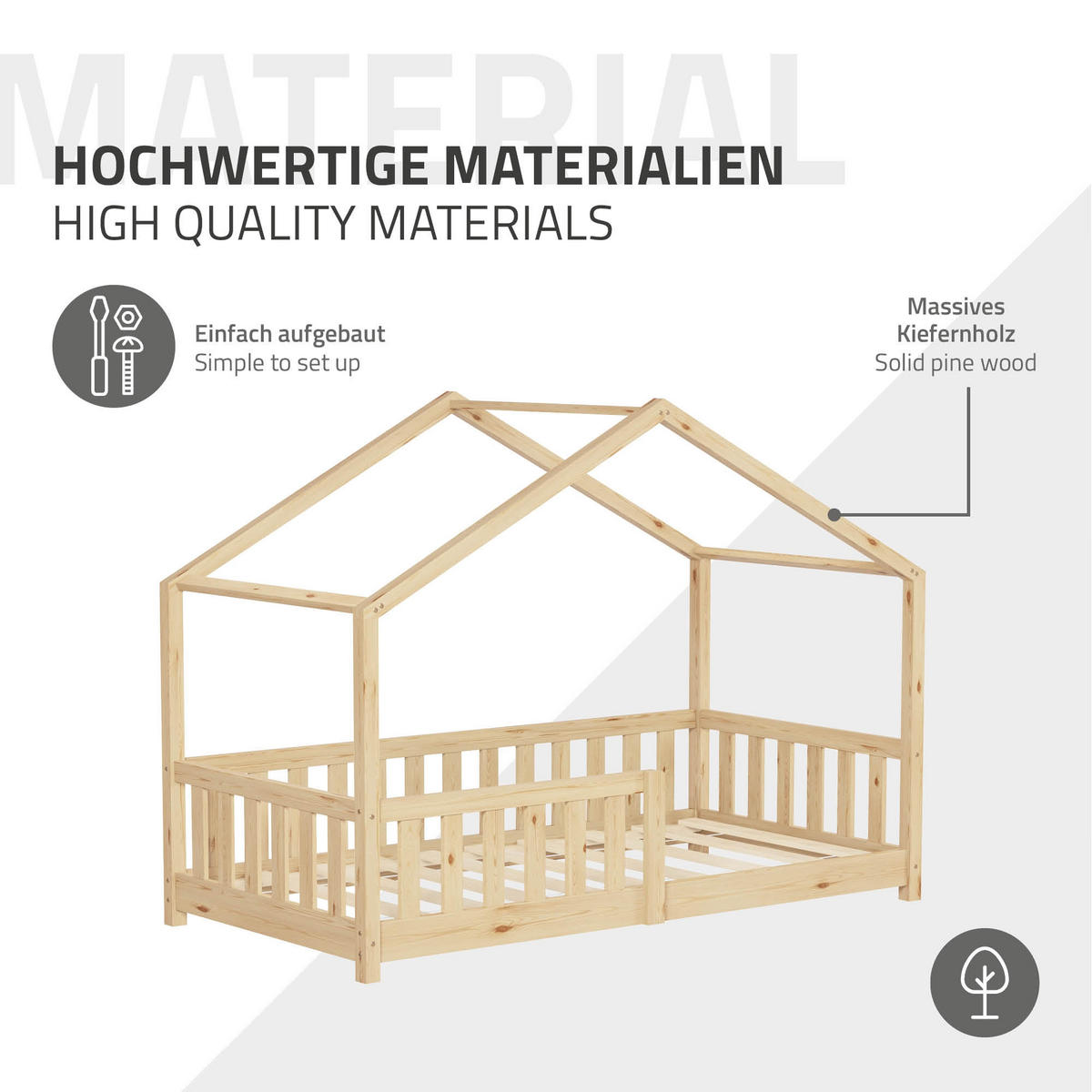 HAUSBETT 80x160 cm Natur aus Kiefernholz mit Rausfallschutz - Beige, Holz (80/160cm) - ML-DESIGN