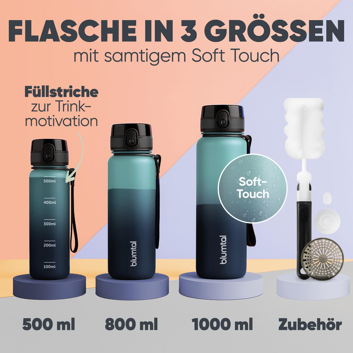 TRINKFLASCHE 0,5L - auslaufsichere - 1-Klick-Verschluss - BPA - freie - Grau-Blau - Blaugrau, Kunststoff (0.5L) - Blumtal