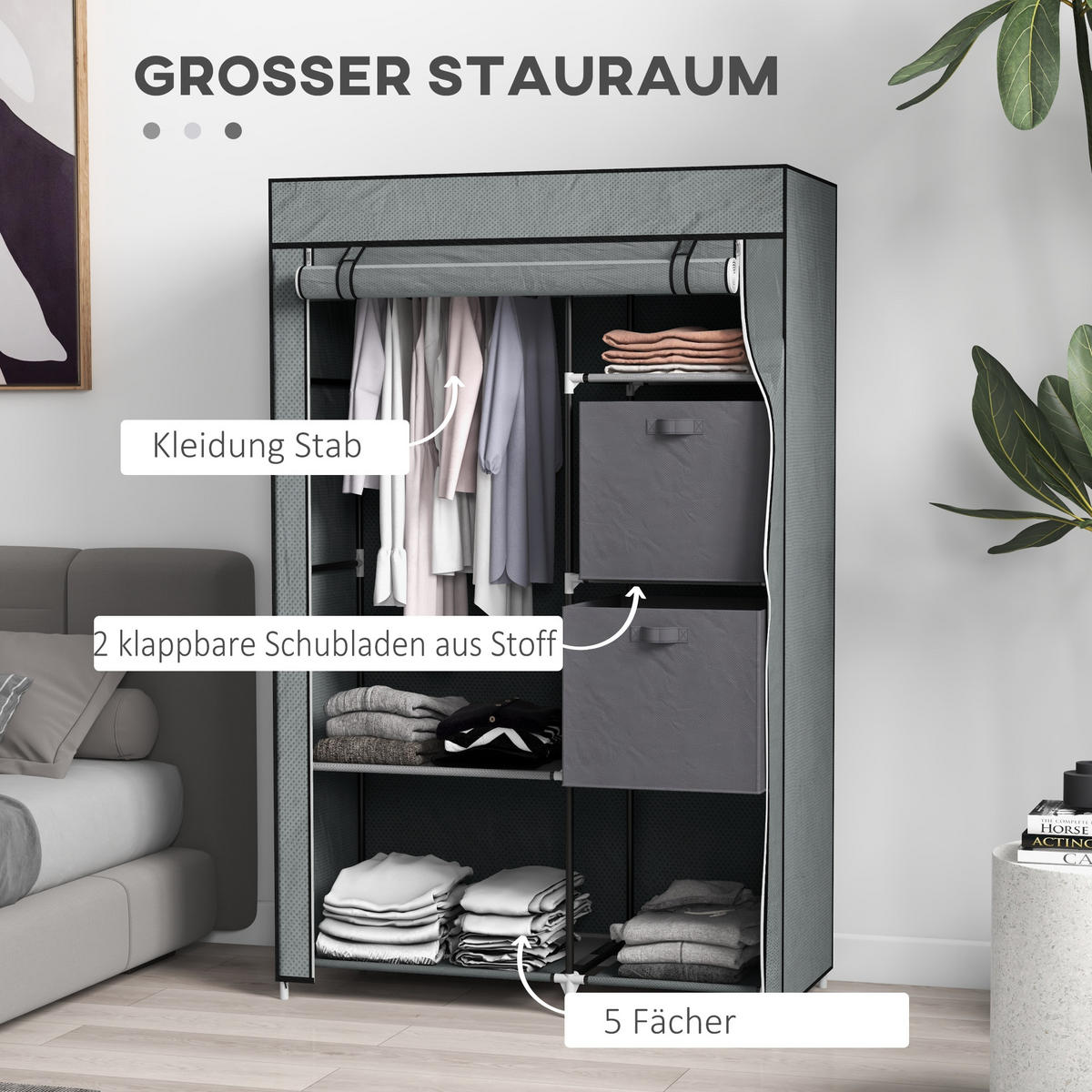 KLEIDERSCHRANK Dunkelgrau 42.5/102.0/162.5 cm - Dunkelgrau, Textil (102/162.5/42.5cm)