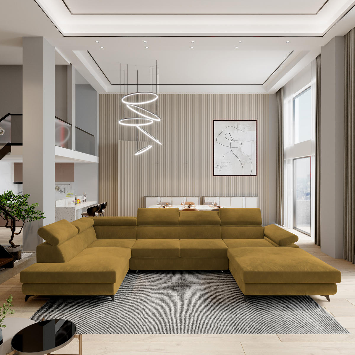 ROHOVÁ SEDAČKA RUBANO žlutá - černá/žlutá, kov/dřevo (339/190cm) - MASSENO