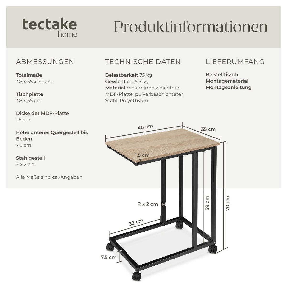BEISTELLTISCH Luton, 48 x 35 x 70 cm, Industrial Holz hell, Eiche Sonoma - Naturfarben, Holz (48/35/70cm) - tectake