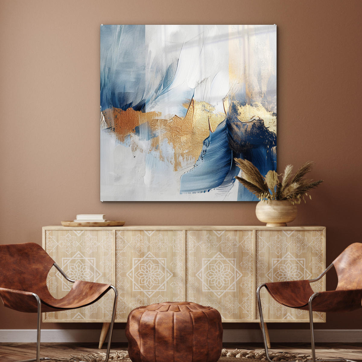 ACRYLGLASBILD Gold - Blau - Aquarell - Kunst - Modern 90x90 cm - Hellblau, Glas (90/90cm) - MuchoWow
