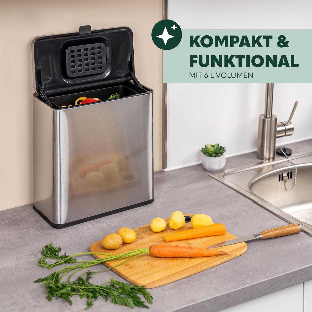 BIOMÜLLEIMER 6L, silber - Edelstahlfarben, Metall (26/29.5/14cm) - eluno